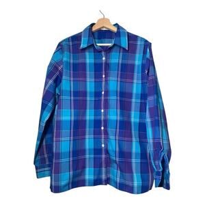Foxcroft Blue Plaid Button Front Shirt Womens Wrinkle Free Size 14